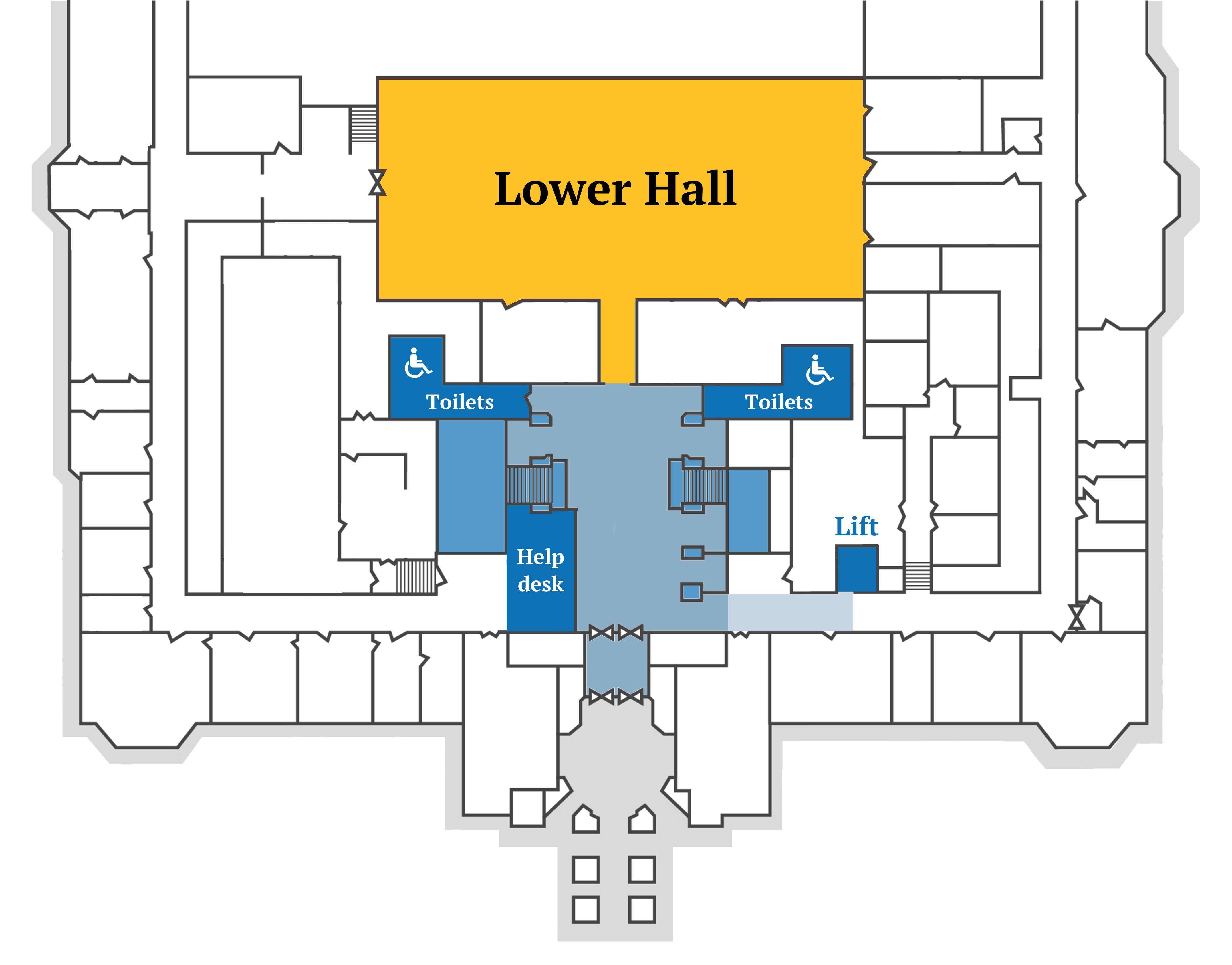 A labelled ground floor plan showing the locations of the lower hall, toilets, help desk and lifts.